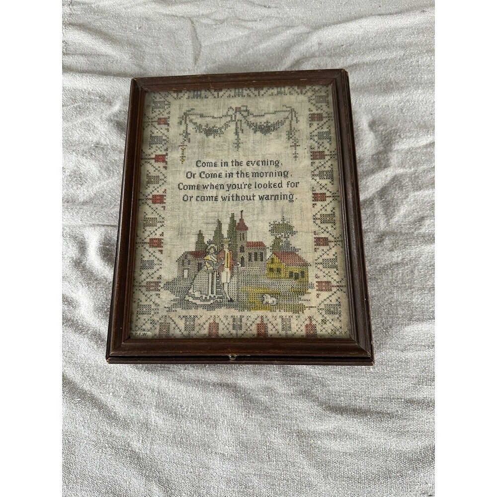 Vintage Cross Stitch Cloth Wooden Jewelry Trinket Box READ Description